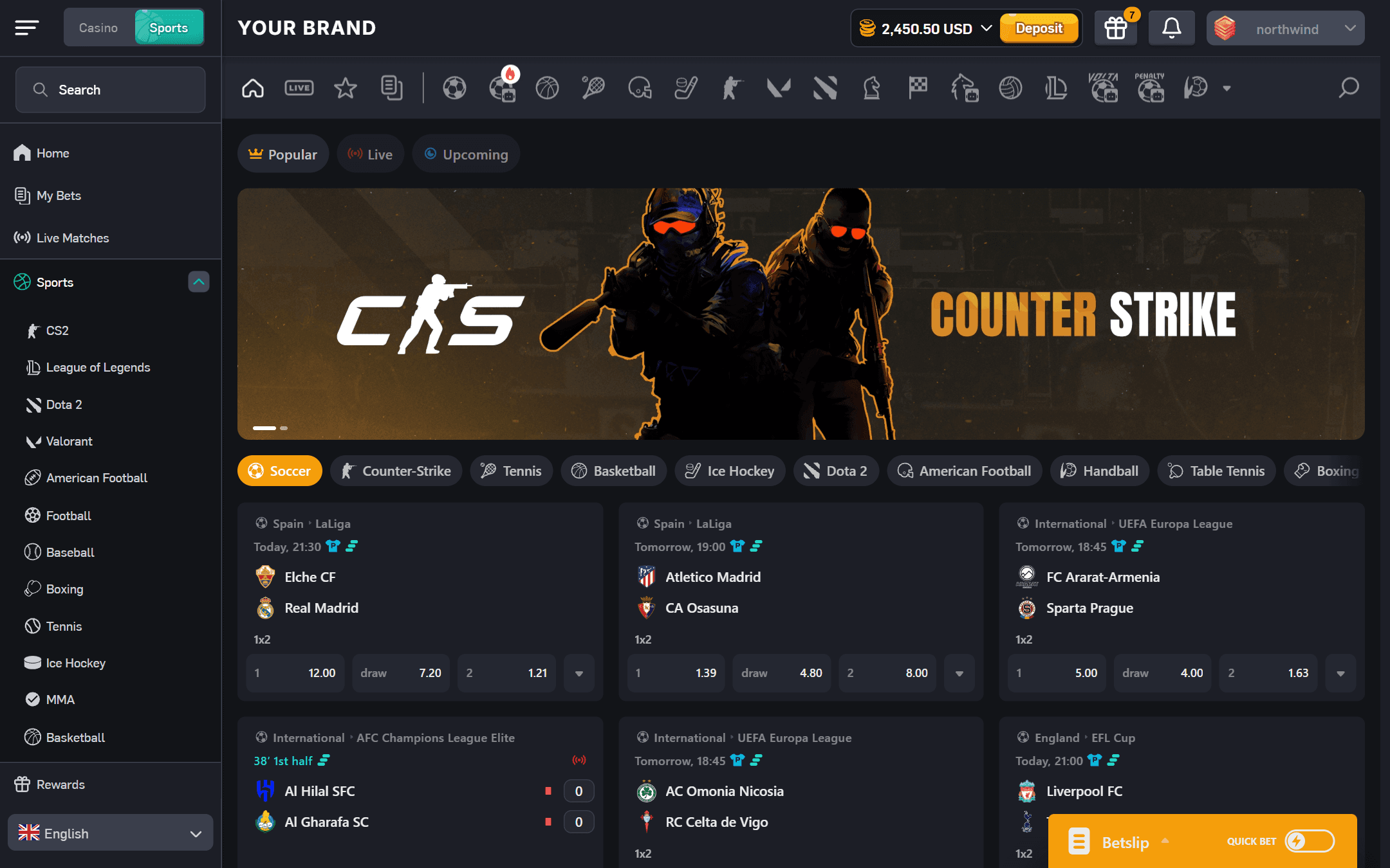 The sportsbook on a live brand, with a player signed in, showing football matches and odds.