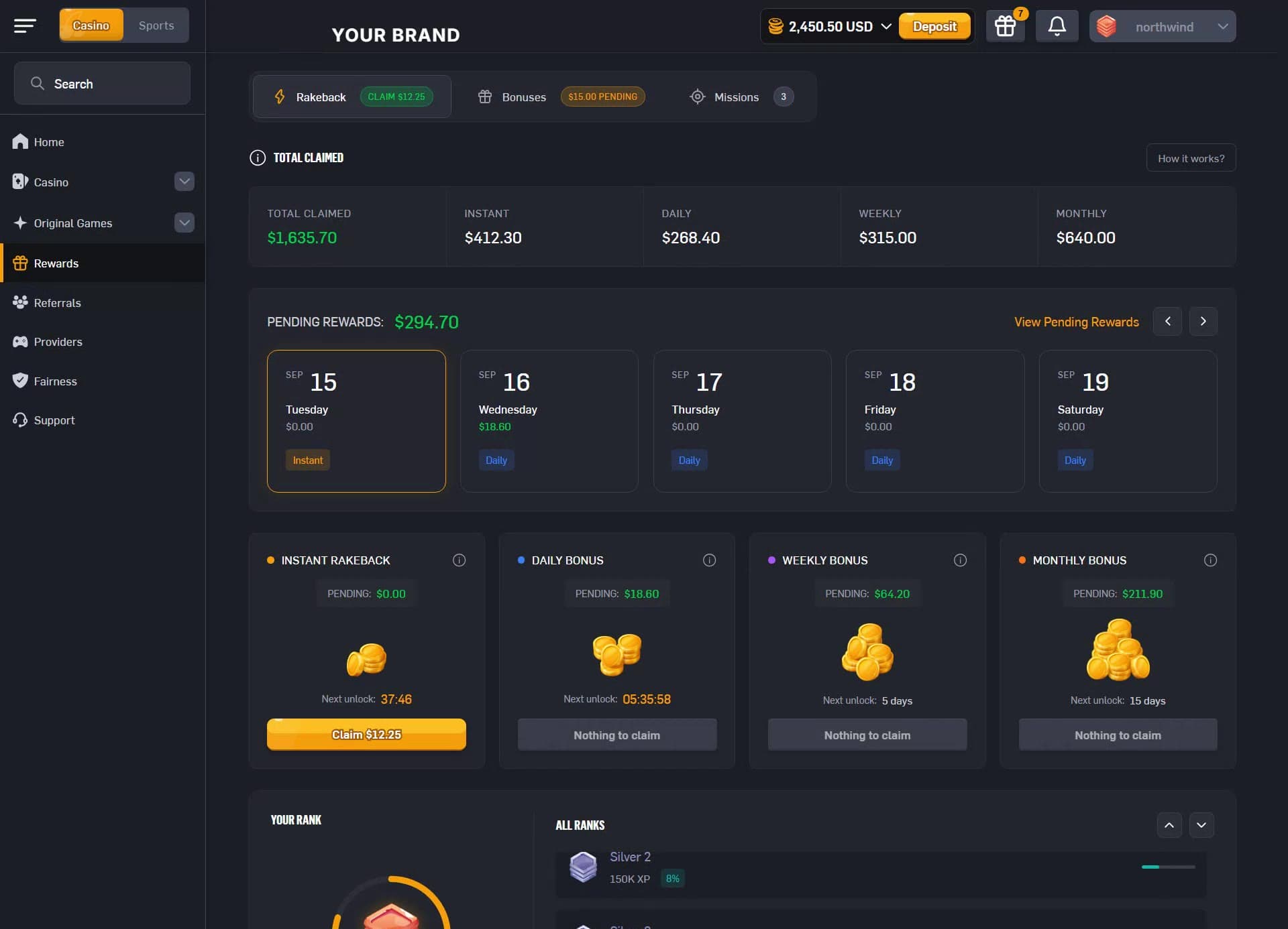 The rewards page of a casino on BTX: rakeback to claim, missions and bonuses.